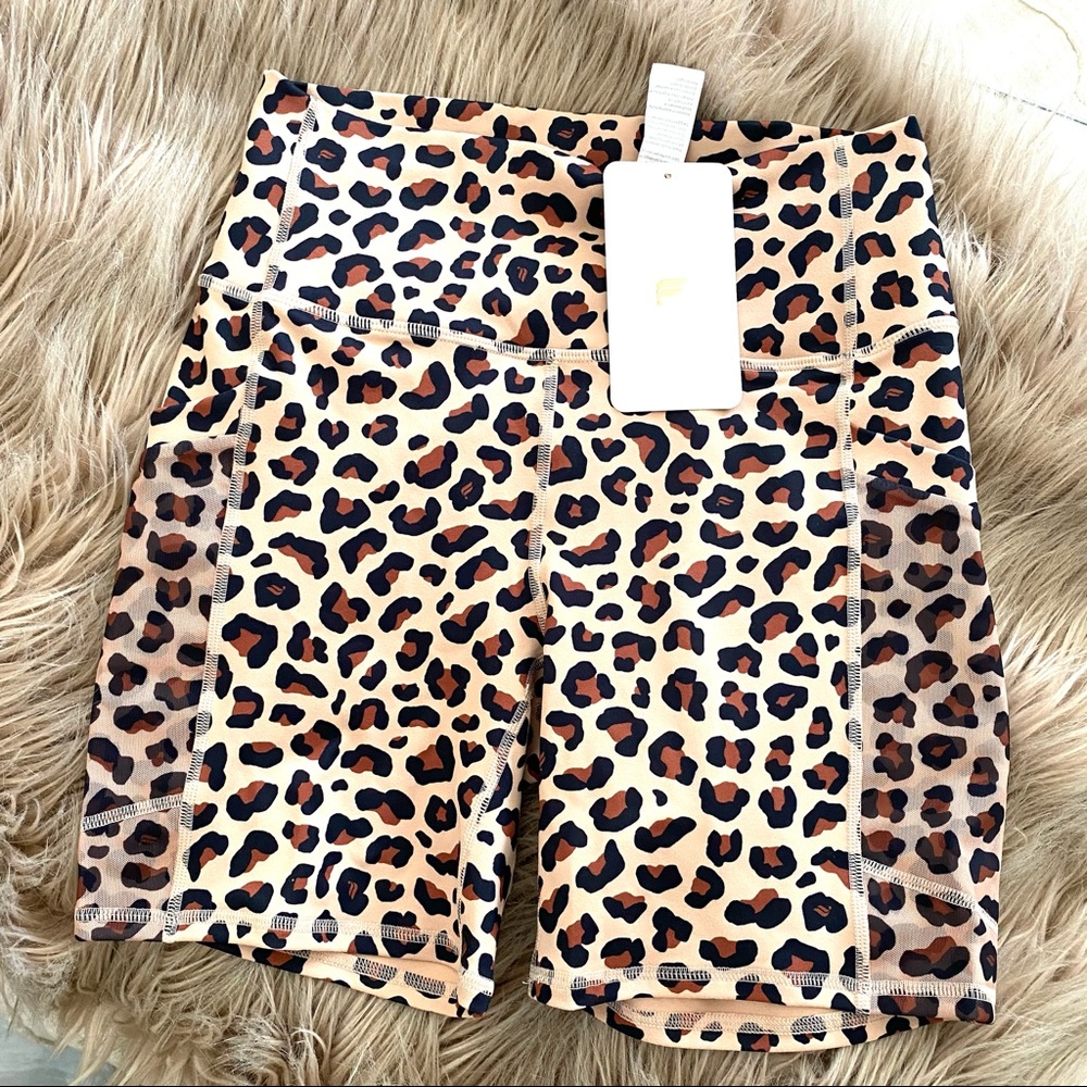 Fabletics Leopard Print Bike Shorts in Tan, Black, Brown